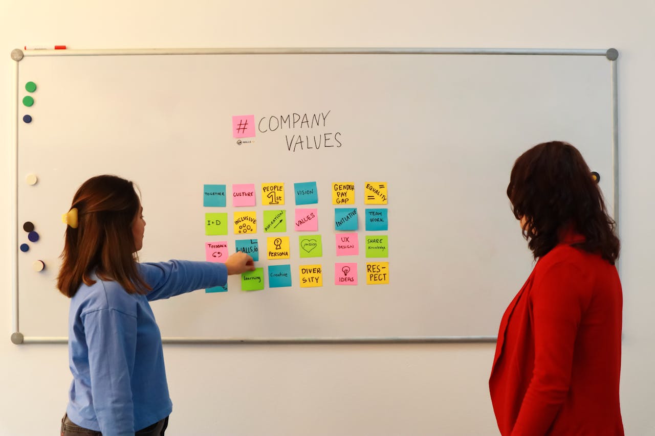 Two women in an office discussing company values on a whiteboard.